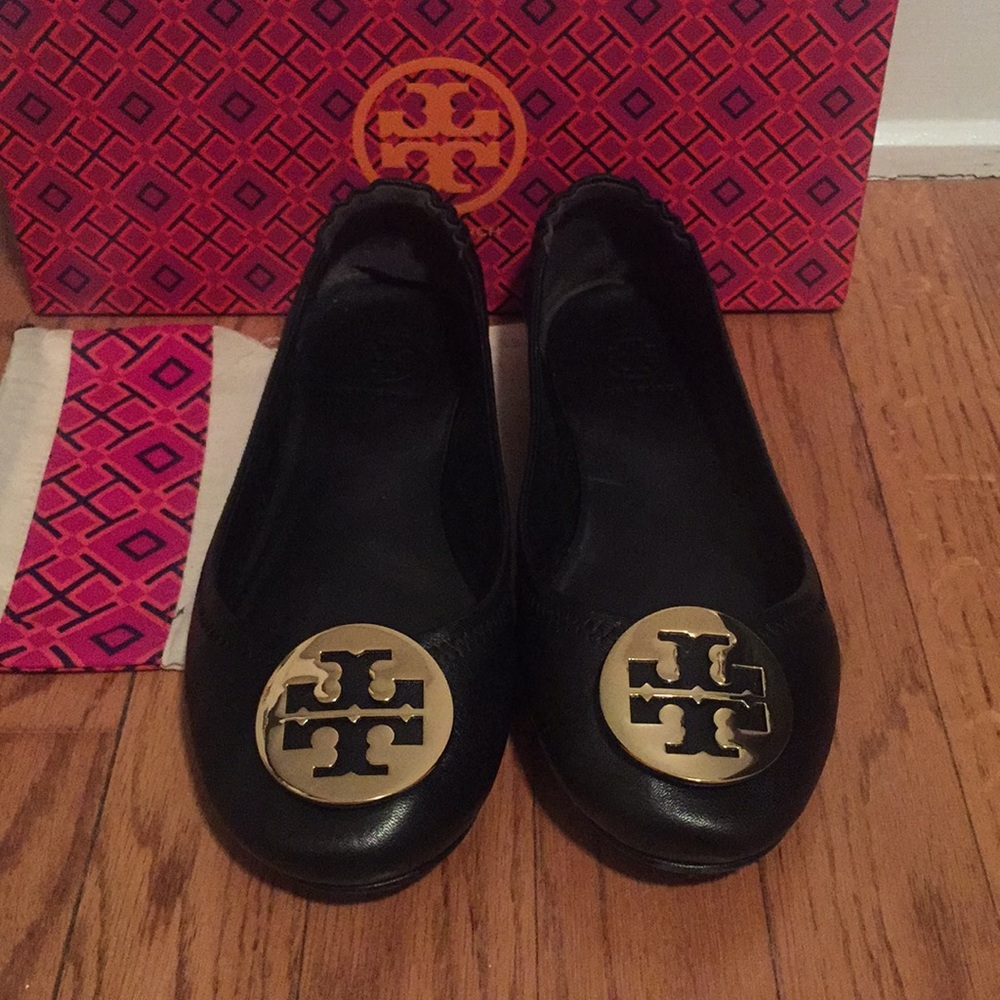 Tory Burch Black & Gold Minnie Travel Ballet Flats